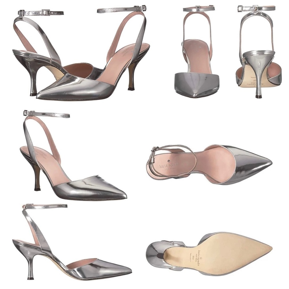 KATE SPADE Simone Pointed-toe Ankle-strap Leather Pumps Silver Dress Shoes 7.5 - Picture 2 of 9